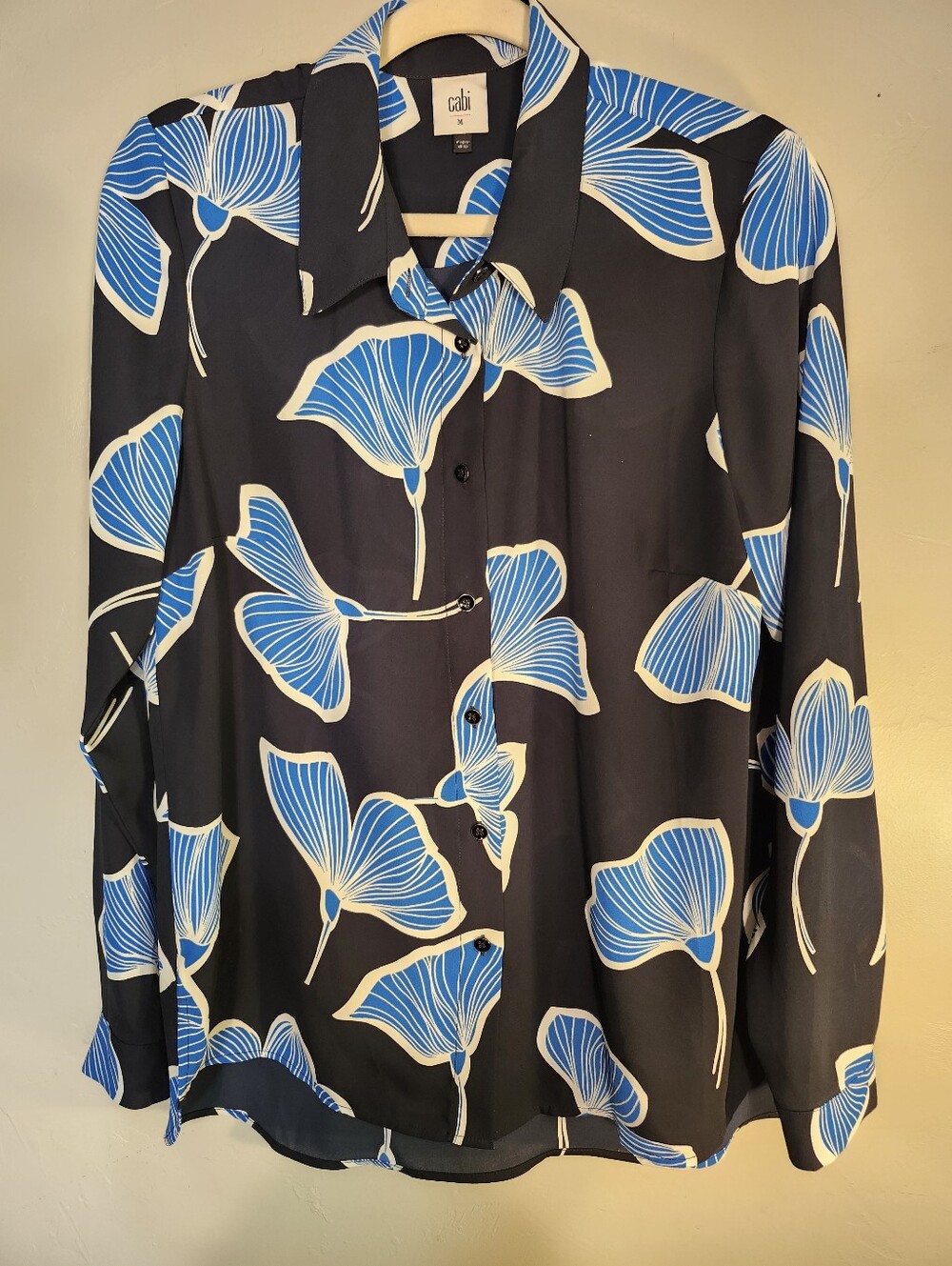 CAbi Black Button-Down Shirt with Blue and White Floral Print